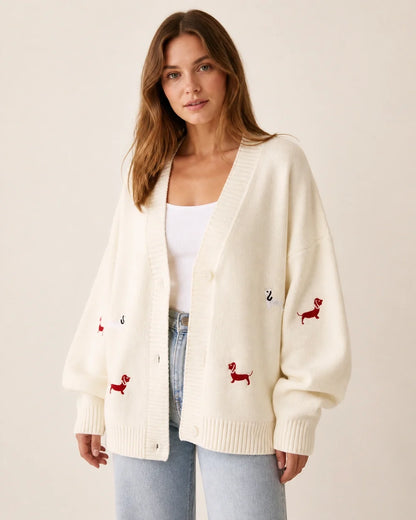 Women's white dachshund motif cardigan, product-first worn front view