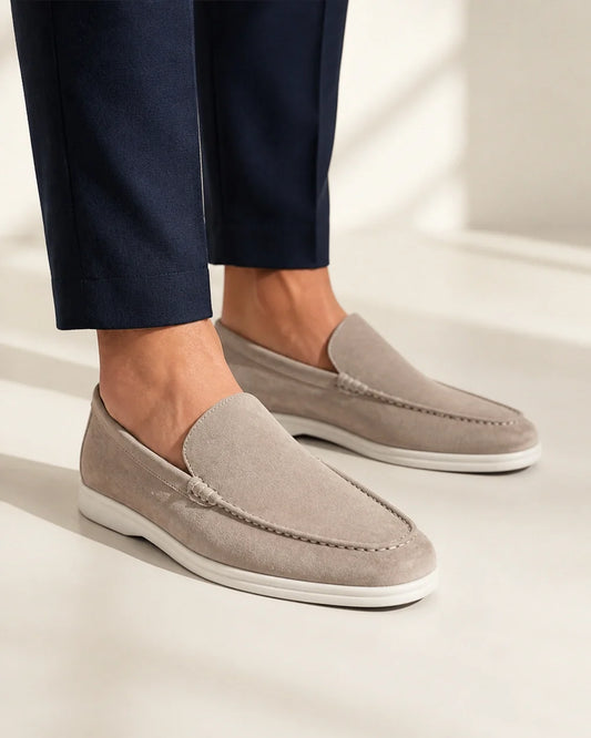 Men wearing beige suede-effect slip-on loafers, close product-first view.