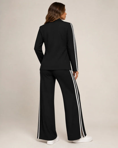 Women's striped relaxed blazer and wide-leg trousers set – 04 black back