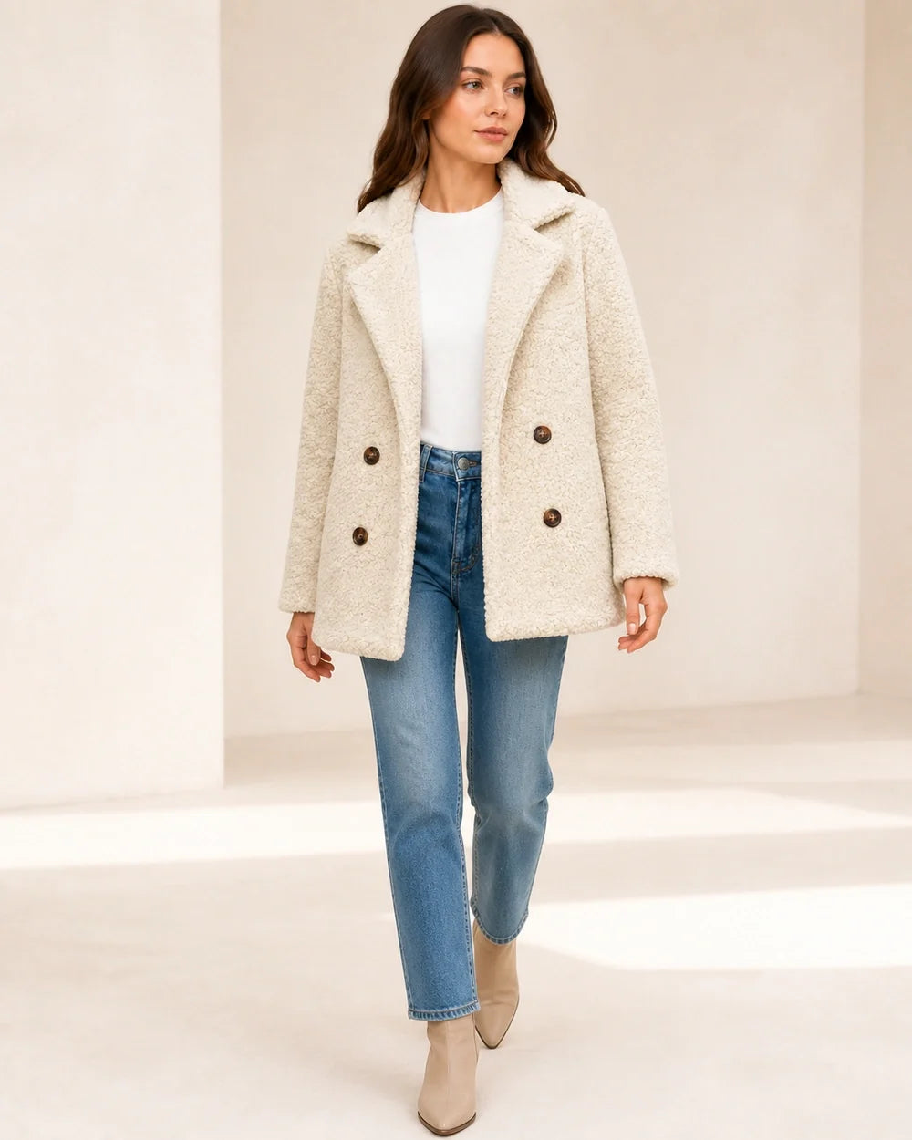 Cream White double-breasted teddy coat worn in movement.