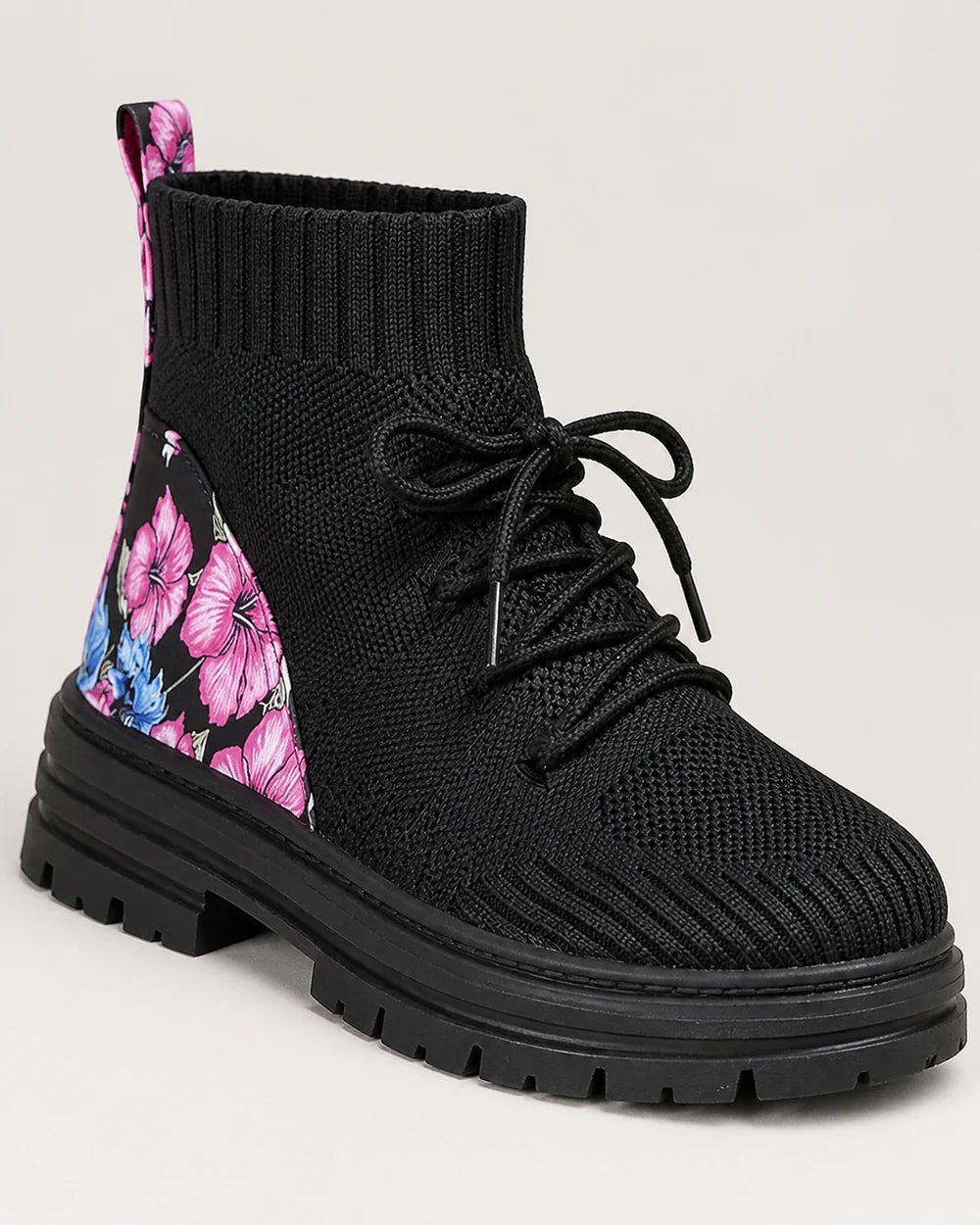 Black knit sock ankle boot knit lace floral and sole detail