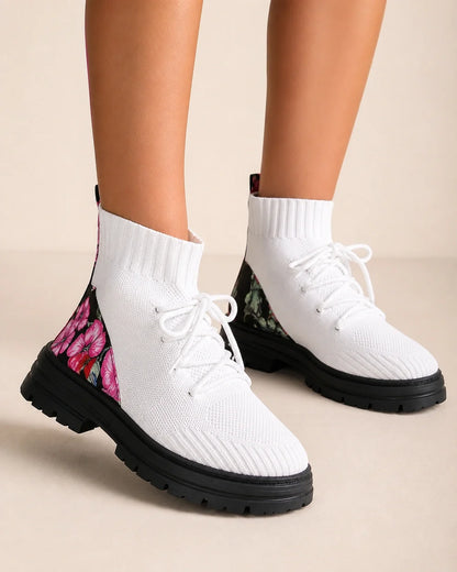 White knit sock ankle boots worn view