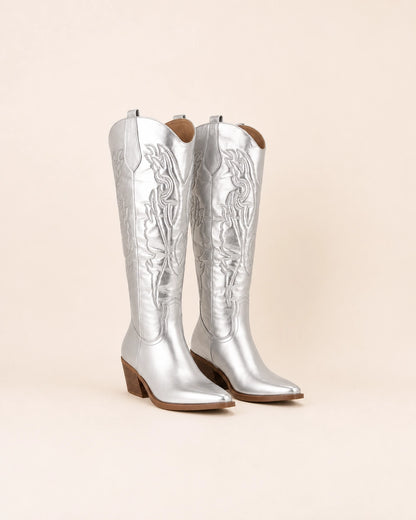 Momount Women Lizzy Western Knee-High Boots, silver, variant hero.