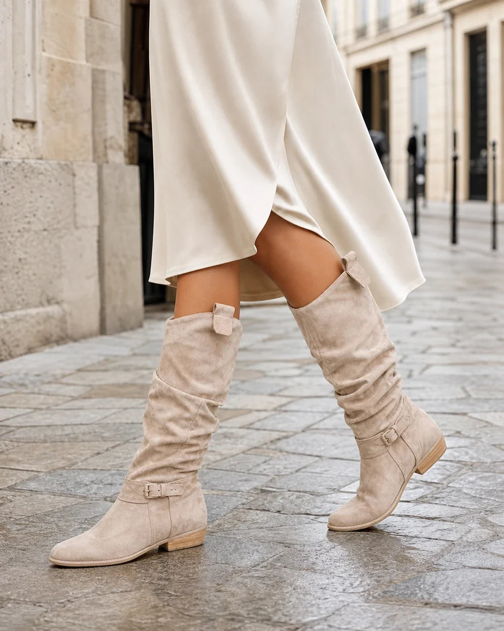 Light Brown slouch knee-high boots, walking lifestyle