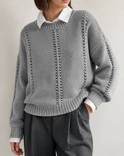 Grey oversized open-knit sweater for women, knit detail