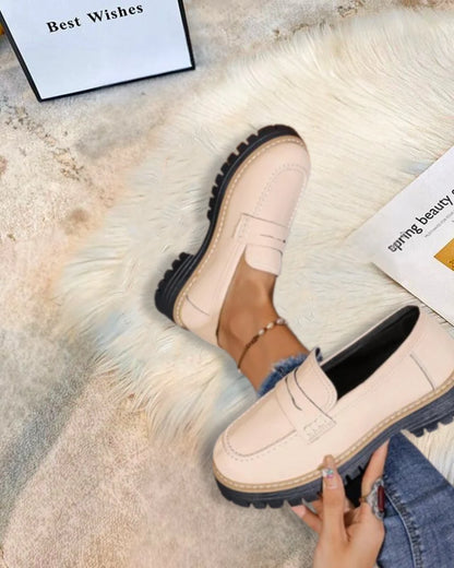Momount Women Platform Loafers – Lug Sole Penny Strap Slip-On Round Toe — momount-women-platform-loafers-lug-sole-penny-strap-beige-03-product-view.webp