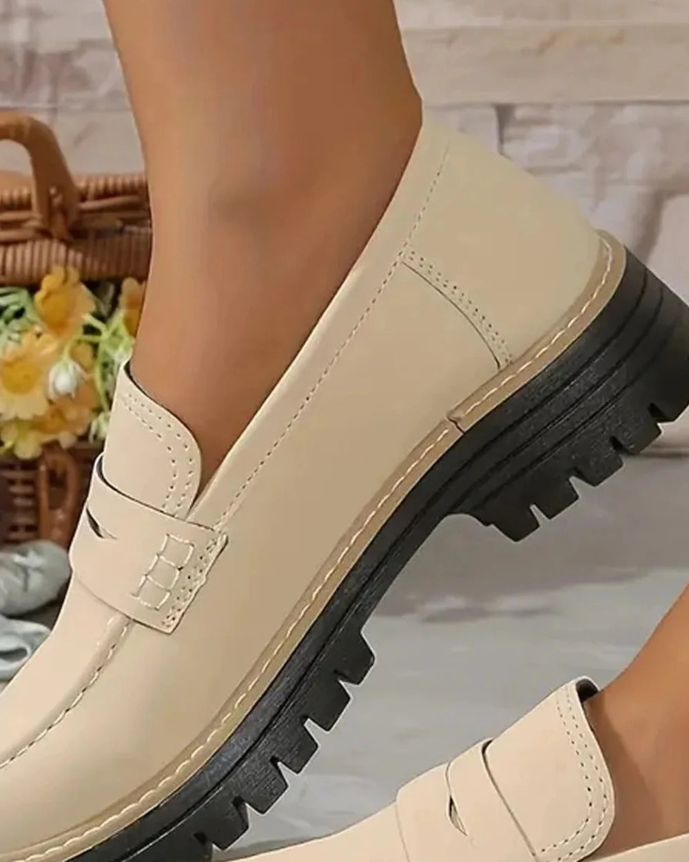Momount Women Platform Loafers – Lug Sole Penny Strap Slip-On Round Toe — momount-women-platform-loafers-lug-sole-penny-strap-beige-04-toe-detail.webp
