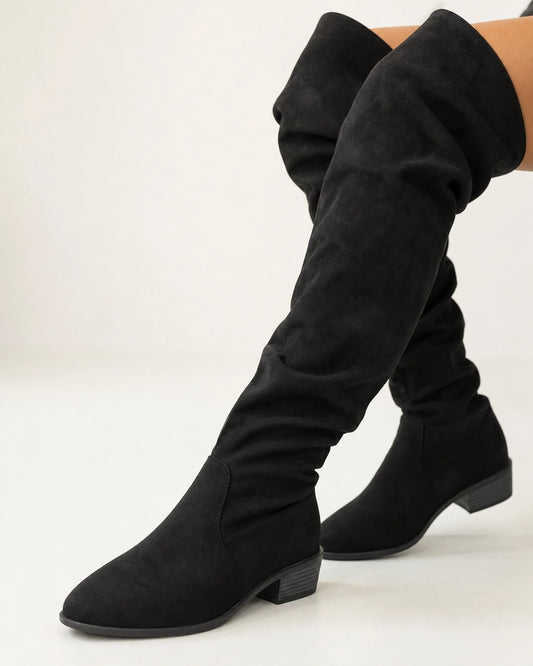 Momount Women Slouch Over-the-Knee Boots, black, construction detail.