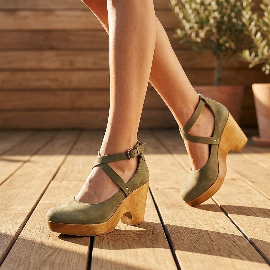 Momount Clog Wedge Sandals - green_onfoot