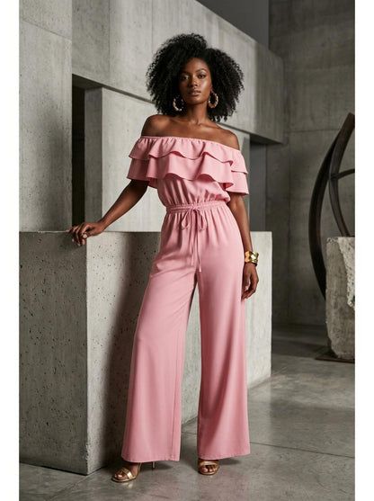 Pink off-shoulder ruffle jumpsuit - Editorial