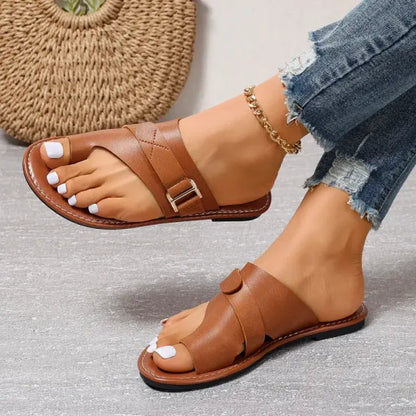 Sandalias Planas de Mujer – Cuero Negro Anillo en Dedo Hebilla Slide