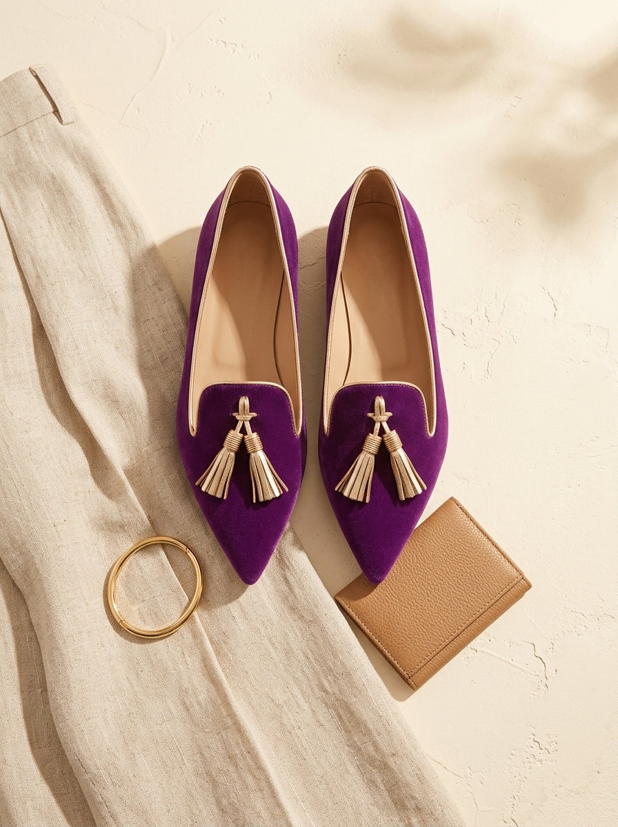 Women's Pointed Toe Tassel Loafers - flat lay outfit