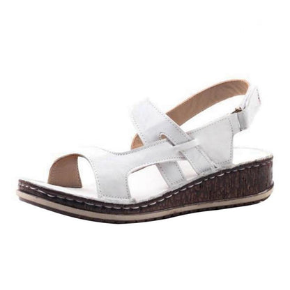 Sandalias de Cuña de Mujer – Cuero Marrón Peep-Toe Slingback Verano