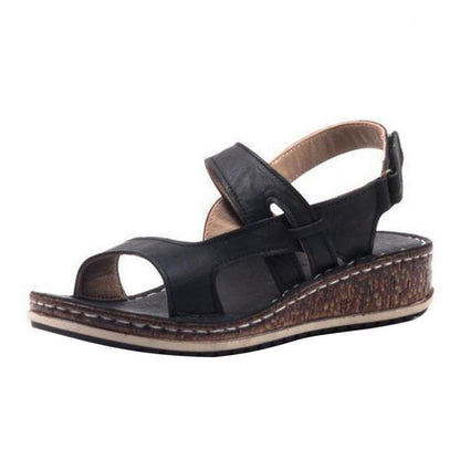 Sandalias de Cuña de Mujer – Cuero Marrón Peep-Toe Slingback Verano