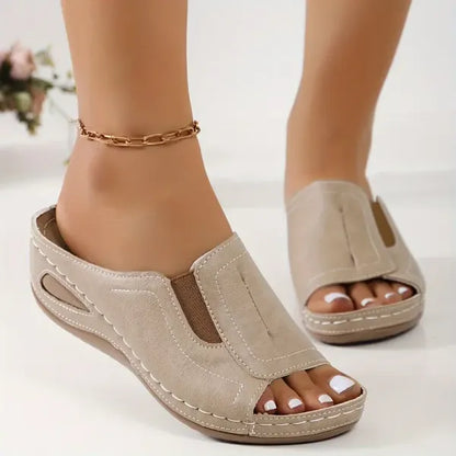 Sandalias Ortopédicas de Mujer – Cuero Punta Abierta Cuña Baja Walking