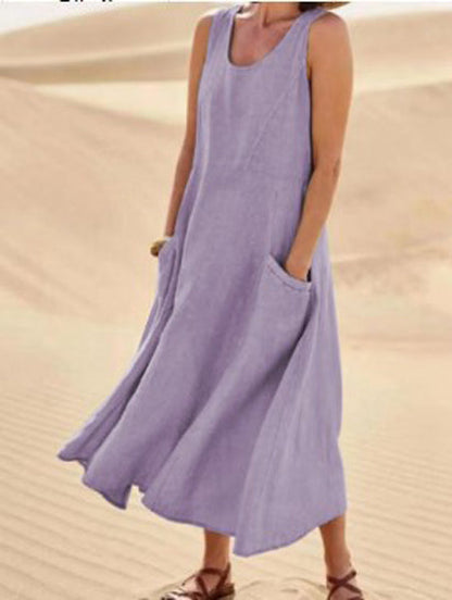 Melisande | Vestido Largo de Lino con Cuello Redondo – Vaporoso y Elegante