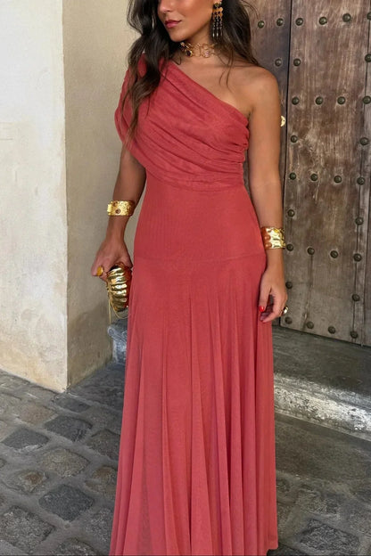 Ariadne | Vestido Largo Chic Drapeado Un Solo Hombro Drapeado Sin Mangas Verano