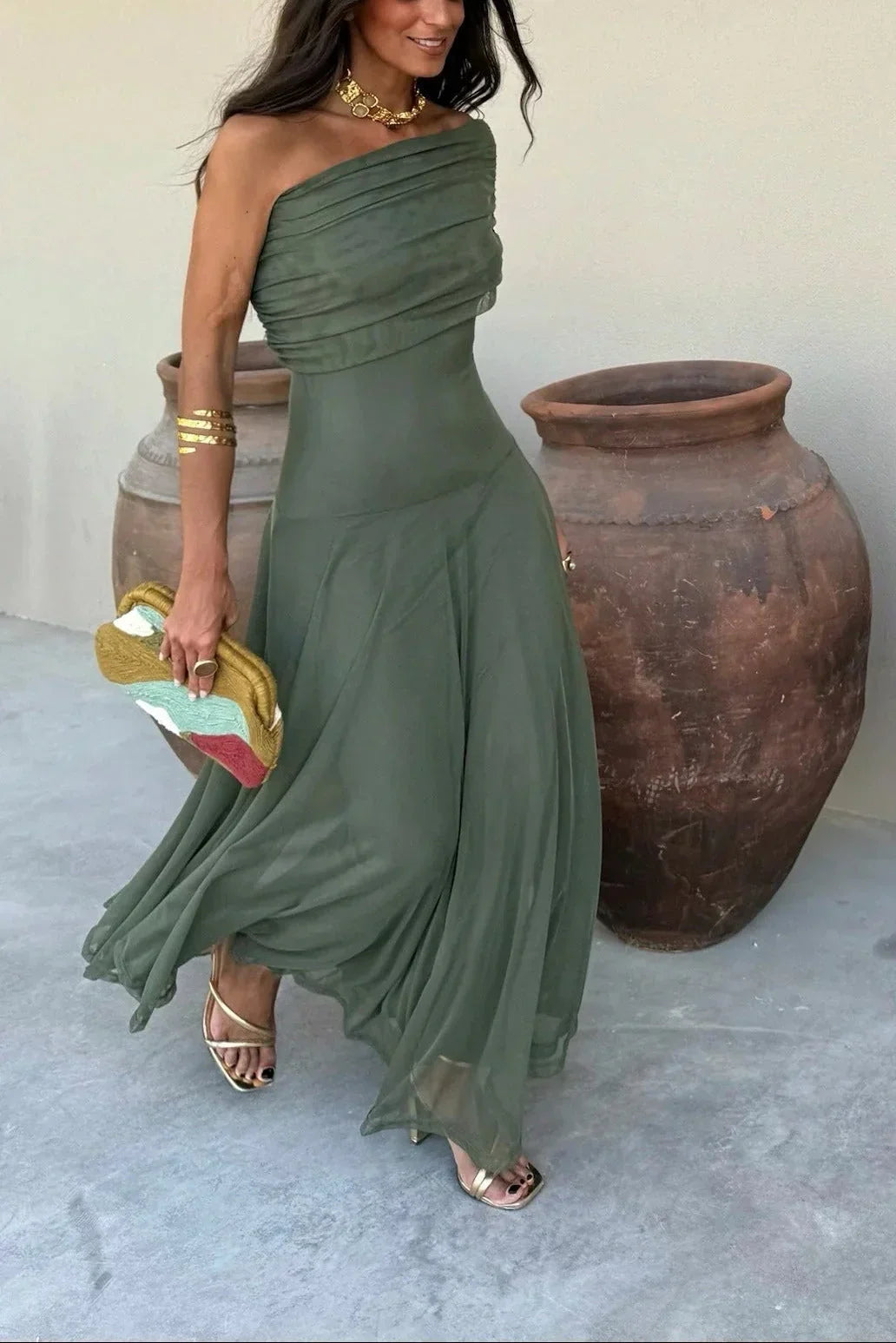 Ariadne | Vestido Largo Chic Drapeado Un Solo Hombro Drapeado Sin Mangas Verano