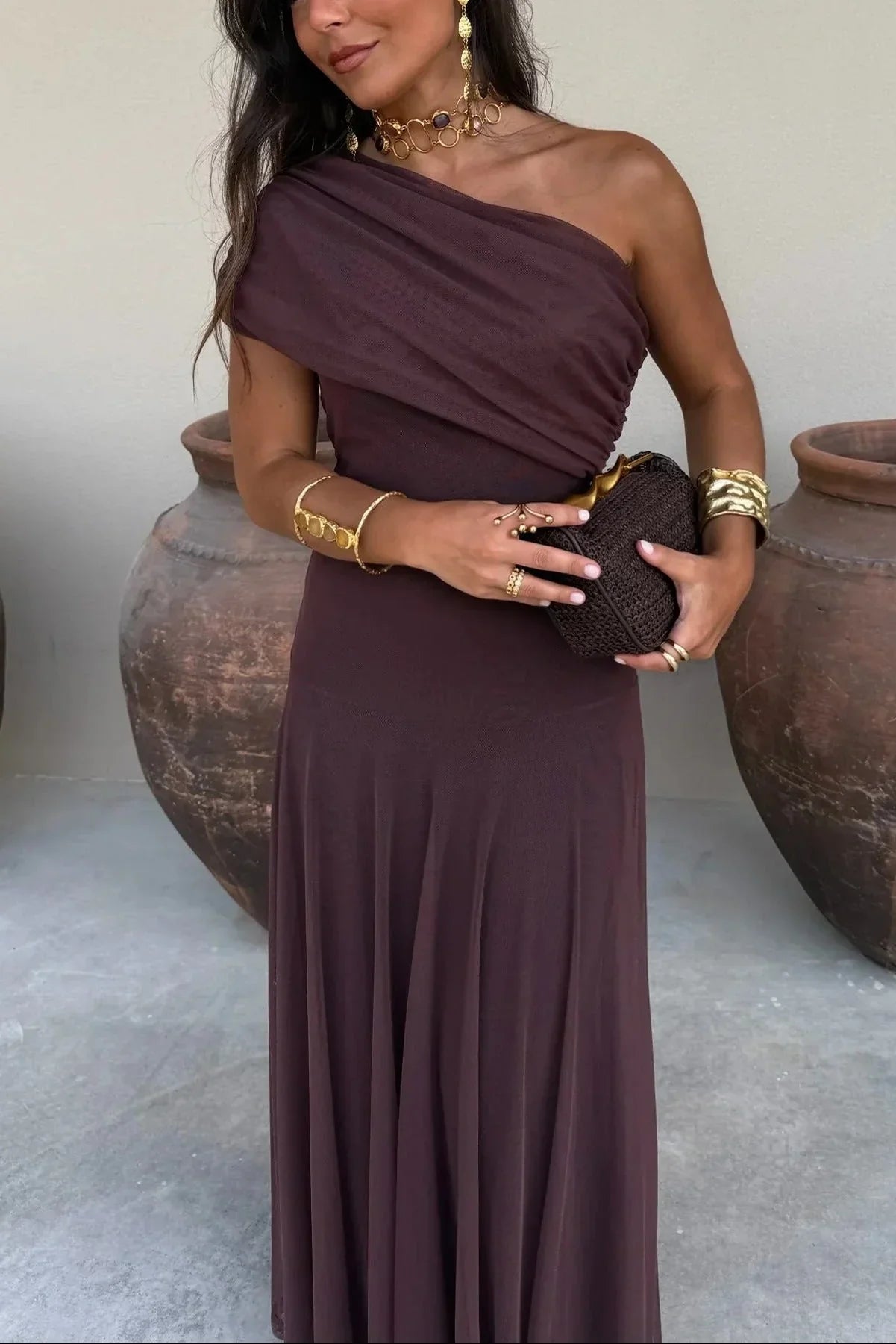 Ariadne | Vestido Largo Chic Drapeado Un Solo Hombro Drapeado Sin Mangas Verano