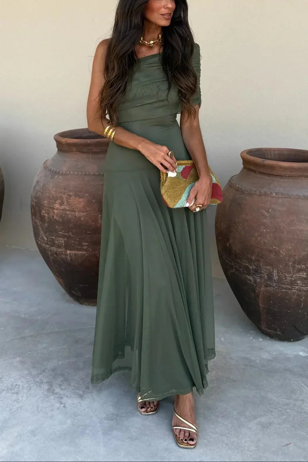 Ariadne | Vestido Largo Chic Drapeado Un Solo Hombro Drapeado Sin Mangas Verano