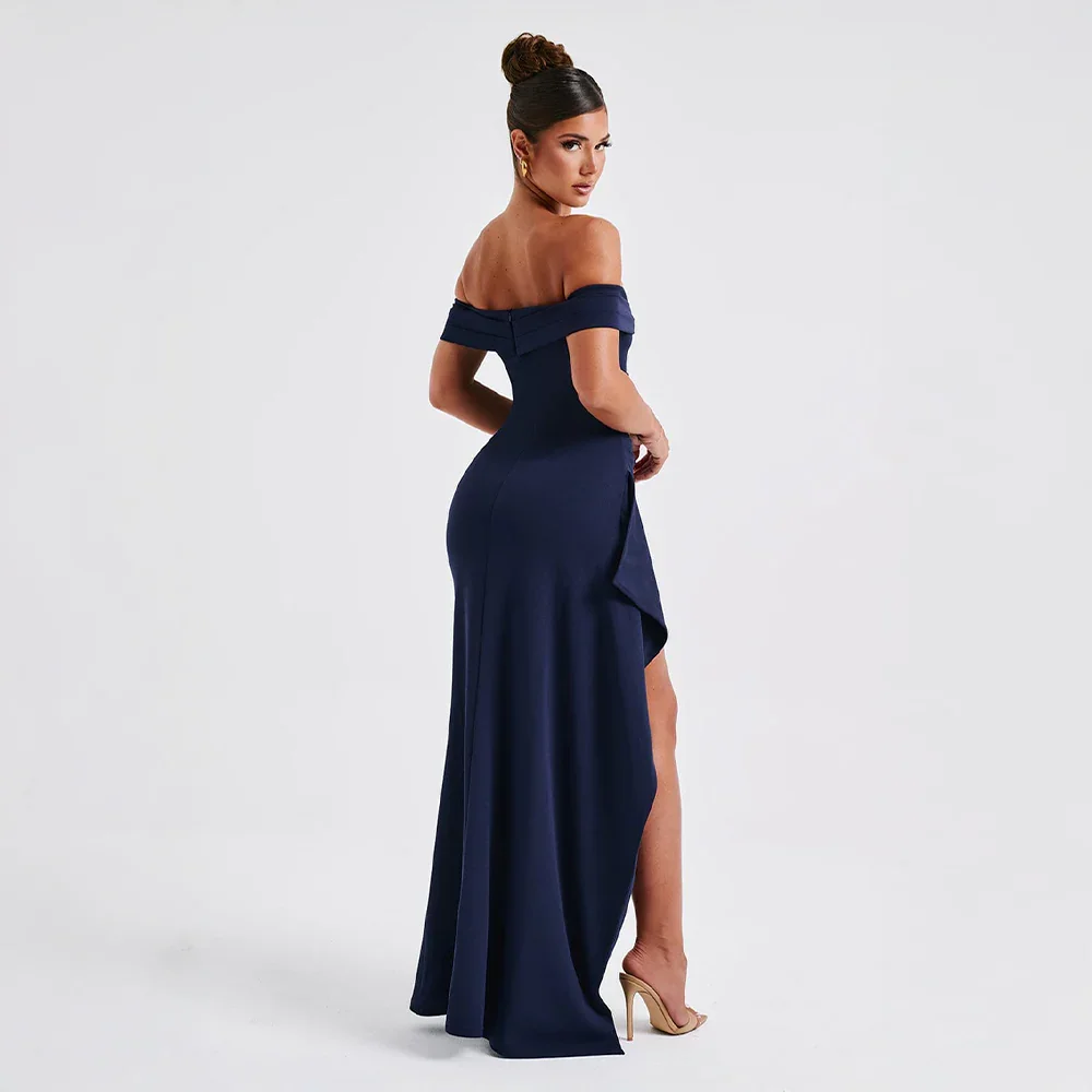 Daniela | Vestido Largo Elegante Hombros Descubiertos Drapeado Abertura Alta Noche