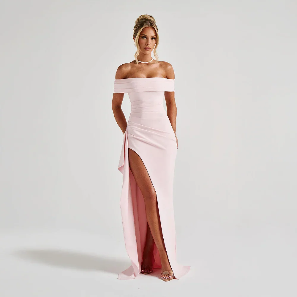 Daniela | Vestido Largo Elegante Hombros Descubiertos Drapeado Abertura Alta Noche