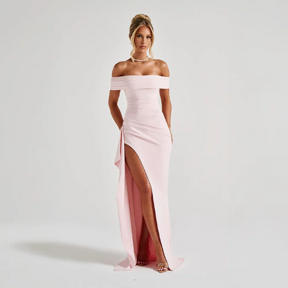 Daniela | Vestido Largo Elegante Hombros Descubiertos Drapeado Abertura Alta Noche