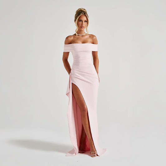 Daniela | Vestido Largo Elegante Hombros Descubiertos Drapeado Abertura Alta Noche