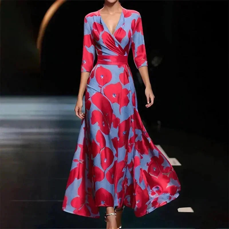 Florentia | Vestido Largo Atrevido Estampado Floral Escote en V Cruzado con Cinturón Verano