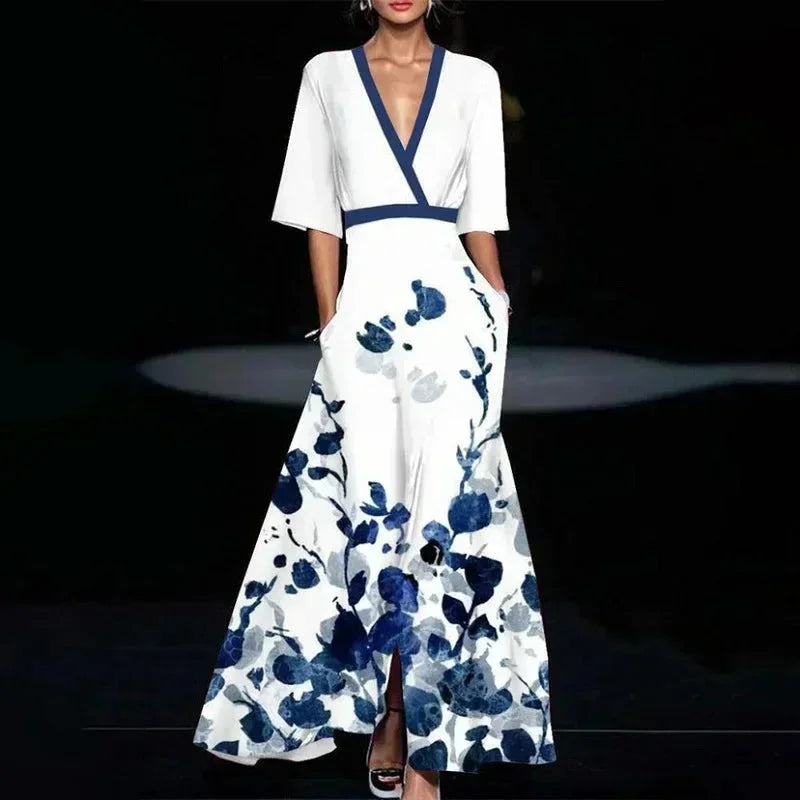 Florentia | Vestido Largo Atrevido Estampado Floral Escote en V Cruzado con Cinturón Verano