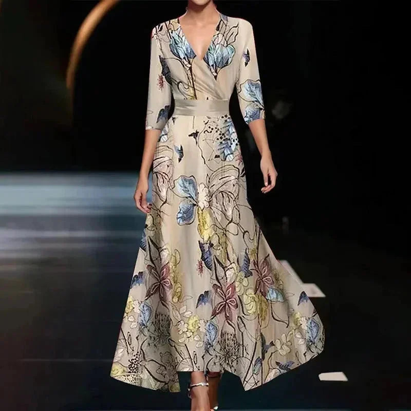 Florentia | Vestido Largo Atrevido Estampado Floral Escote en V Cruzado con Cinturón Verano