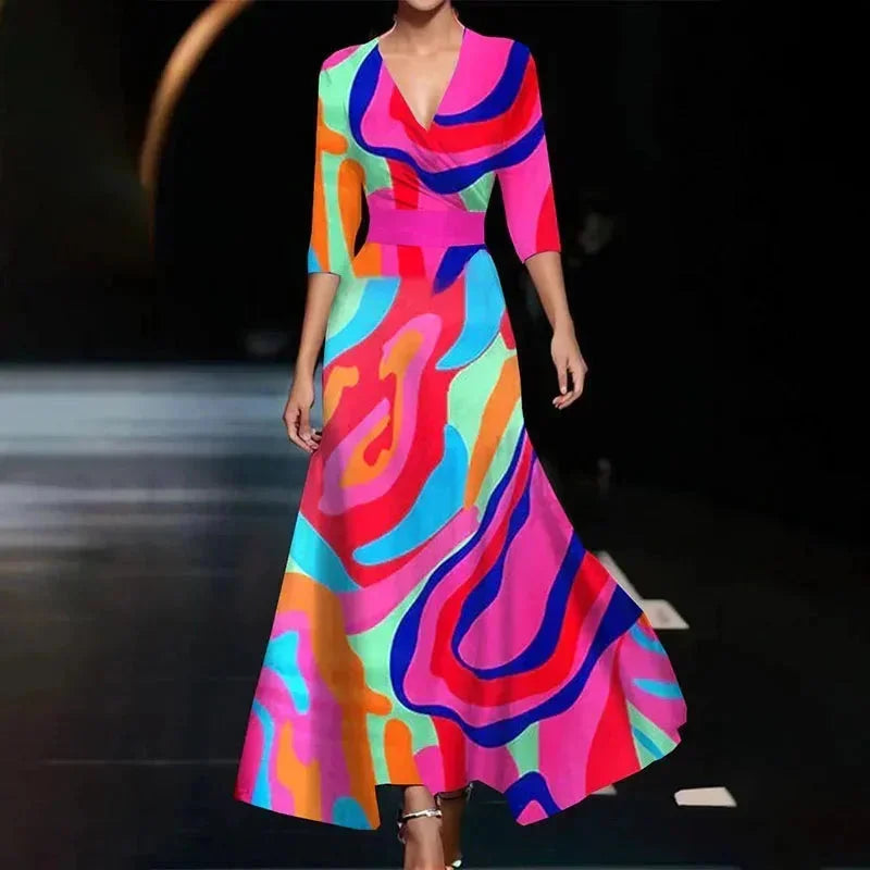 Florentia | Vestido Largo Atrevido Estampado Floral Escote en V Cruzado con Cinturón Verano