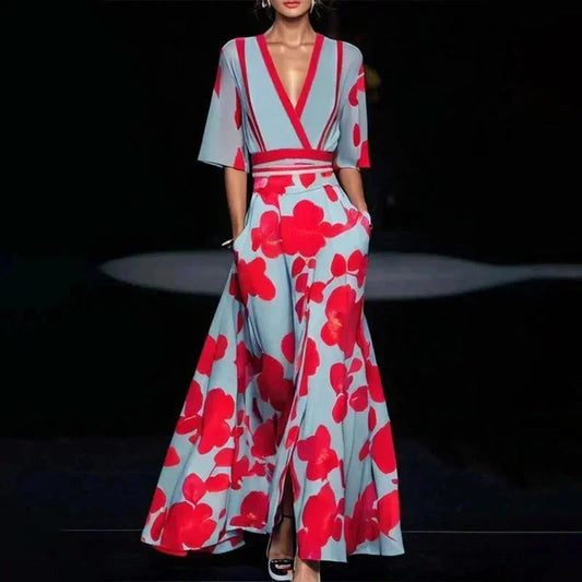Florentia | Vestido Largo Atrevido Estampado Floral Escote en V Cruzado con Cinturón Verano