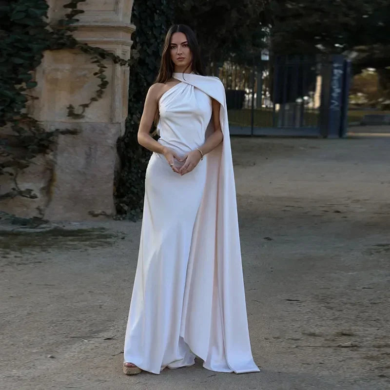 Ottavia | Vestido Largo Drapeado de Satén Un Solo Hombro con Capa Noche