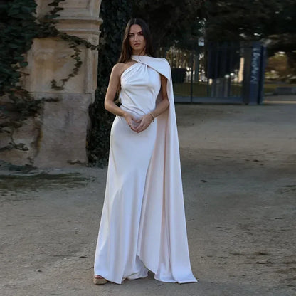 Ottavia | Vestido Largo Drapeado de Satén Un Solo Hombro con Capa Noche
