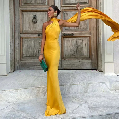 Ottavia | Vestido Largo Drapeado de Satén Un Solo Hombro con Capa Noche