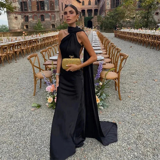 Ottavia | Vestido Largo Drapeado de Satén Un Solo Hombro con Capa Noche