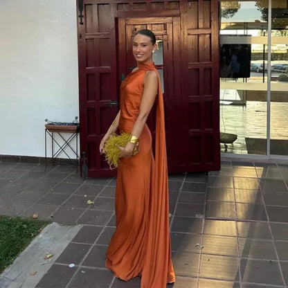 Ottavia | Vestido Largo Drapeado de Satén Un Solo Hombro con Capa Noche