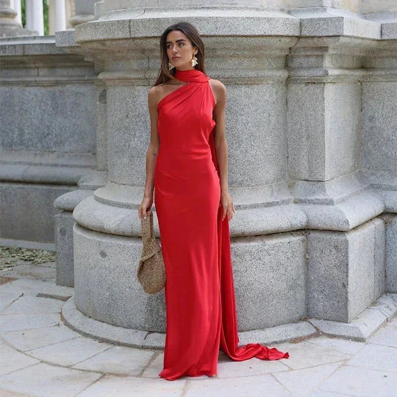 Ottavia | Vestido Largo Drapeado de Satén Un Solo Hombro con Capa Noche