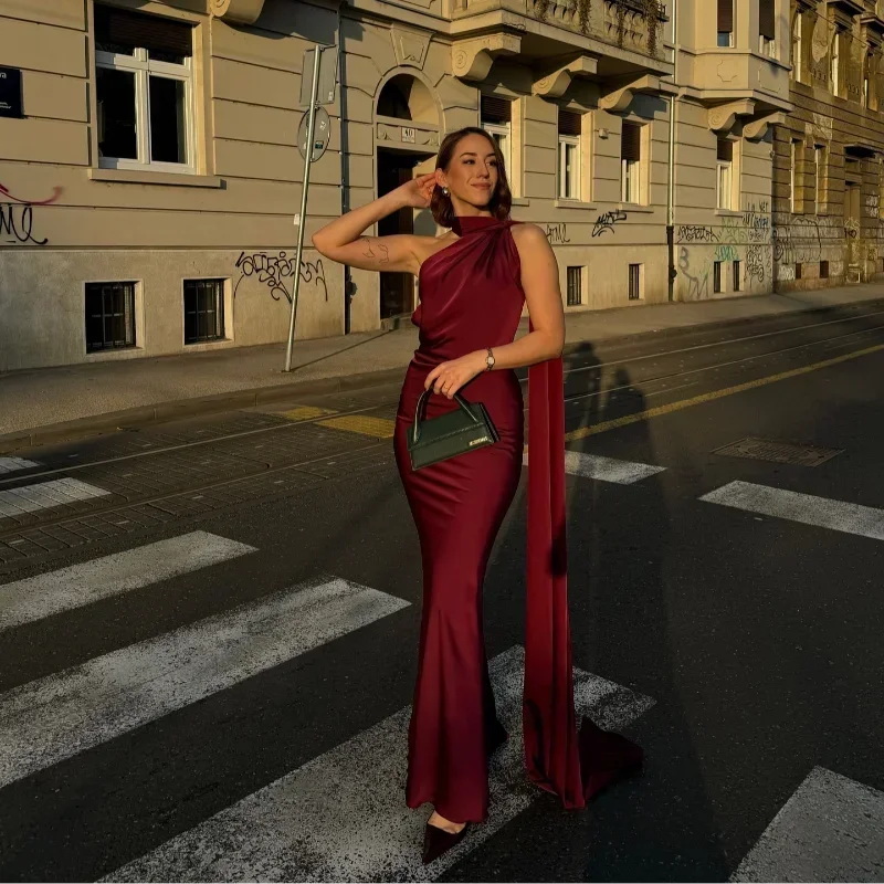 Ottavia | Vestido Largo Drapeado de Satén Un Solo Hombro con Capa Noche