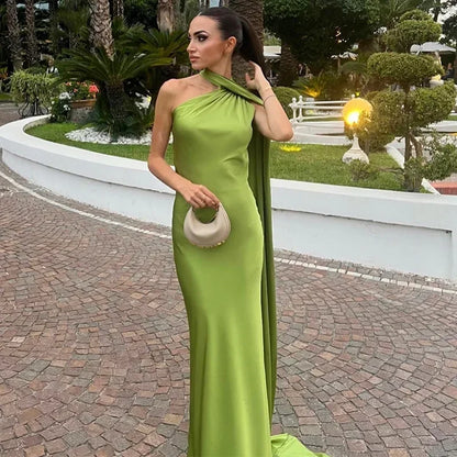 Ottavia | Vestido Largo Drapeado de Satén Un Solo Hombro con Capa Noche
