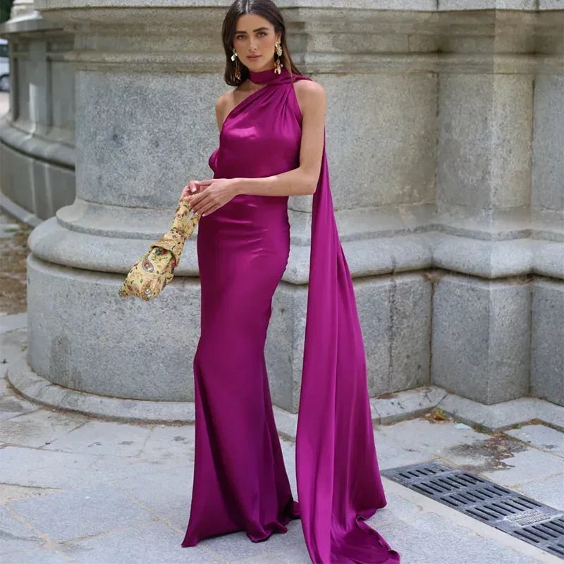 Ottavia | Vestido Largo Drapeado de Satén Un Solo Hombro con Capa Noche