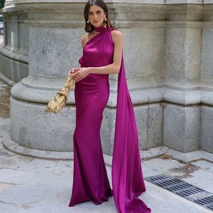 Ottavia | Vestido Largo Drapeado de Satén Un Solo Hombro con Capa Noche