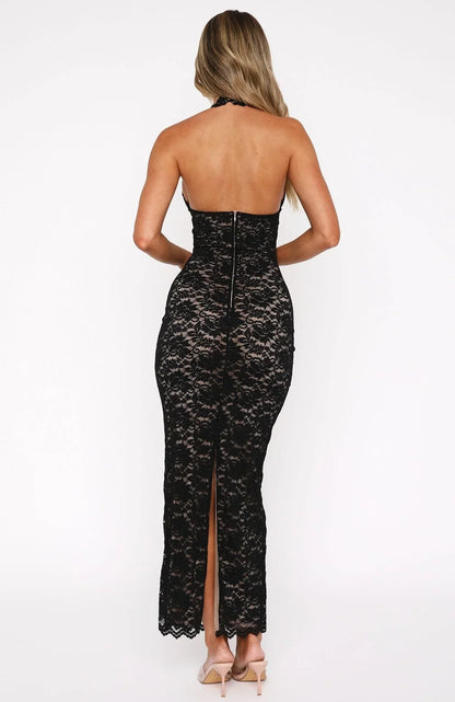 Anatolia | Vestido Largo Elegante Floral de Encaje Escote Halter Espalda Descubierta Noche