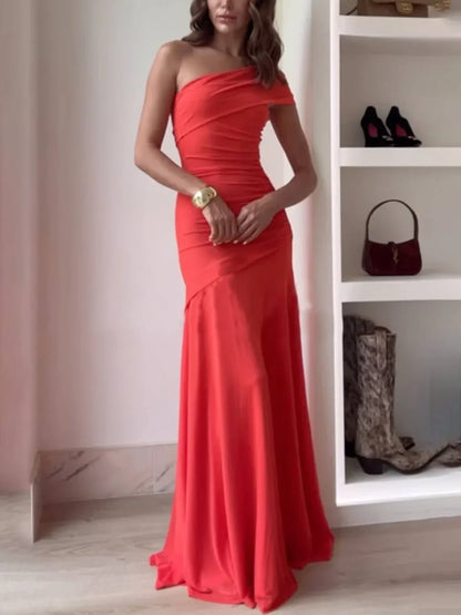 Eliana | Vestido Largo Elegante Un Solo Hombro Drapeado Asimétrico Noche