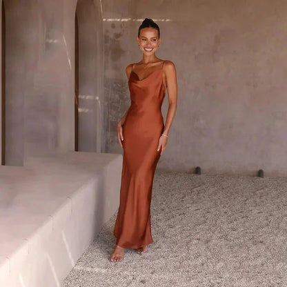 Calliope | Vestido Largo Elegante de Satén Escote Drapeado Lencero Corte al Bies Noche