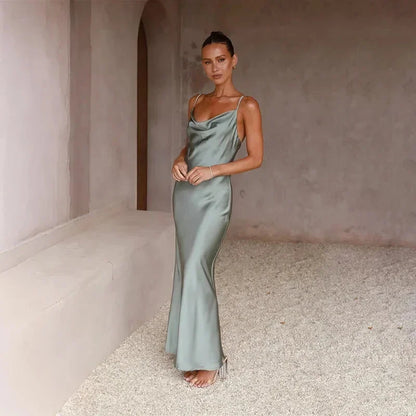 Calliope | Vestido Largo Elegante de Satén Escote Drapeado Lencero Corte al Bies Noche