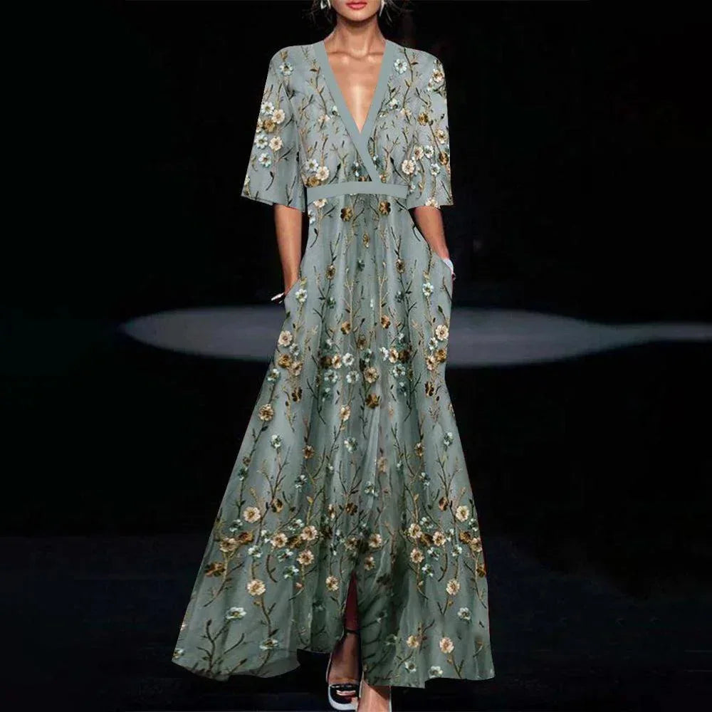 Fiorella | Vestido Largo Boho Floral Escote en V Manga Larga Vaporoso Primavera