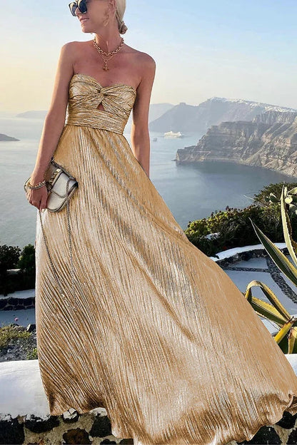 Theodora | Vestido Largo Glam Brillo Plisado Sin Tirantes Nudo Noche