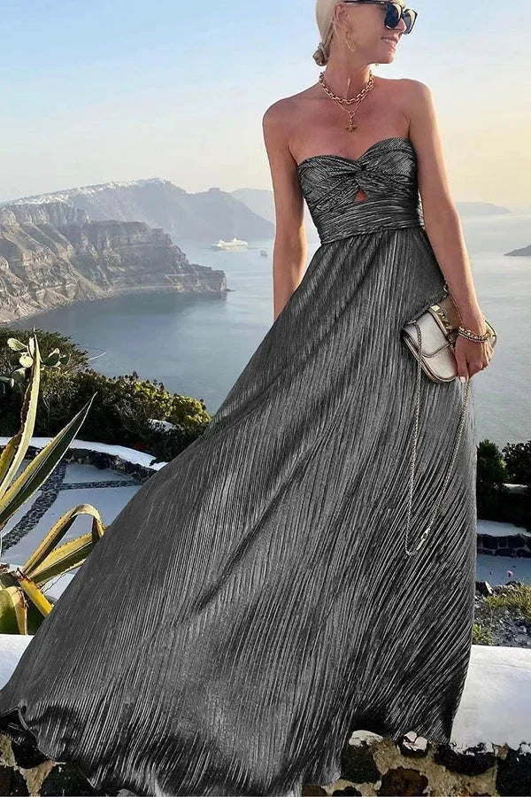Theodora | Vestido Largo Glam Brillo Plisado Sin Tirantes Nudo Noche
